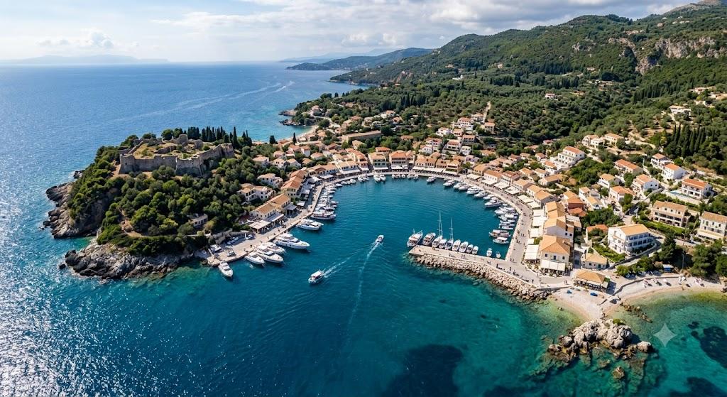 Der Hafen von Kassiopi auf Korfu aus der Luft